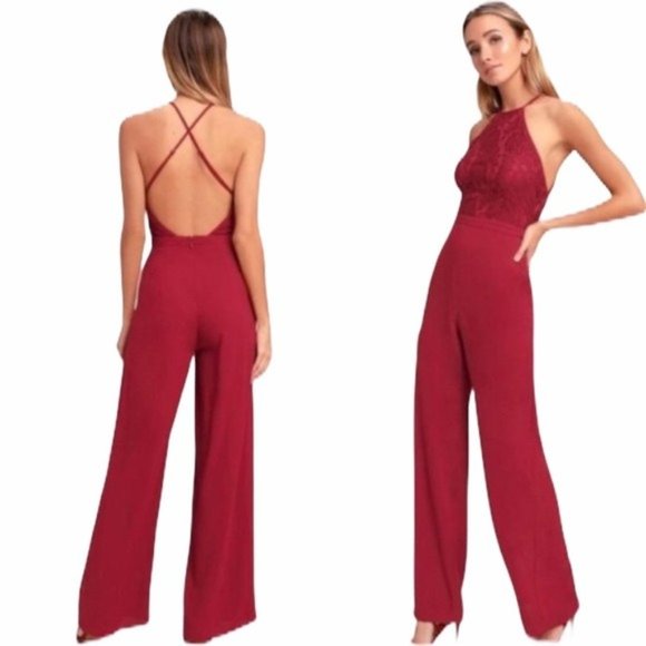 Lulus Pants - Lulu's NWT Stunna Wine Red Lace Open Back Jumpsuit